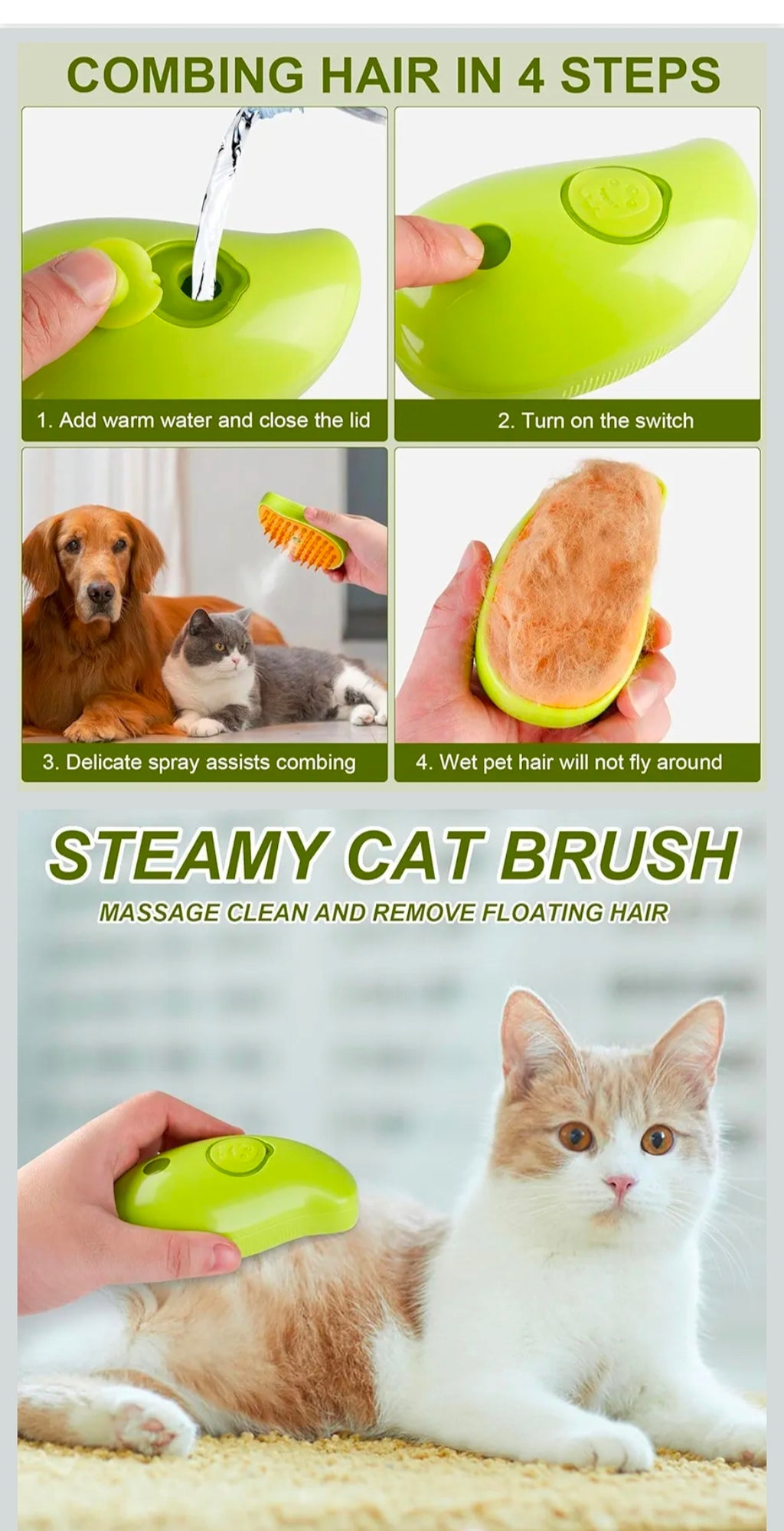 New 3 In 1 Steamy Pet Cat Brush Cleanser Vapor, Steaming Pet Hair Brush